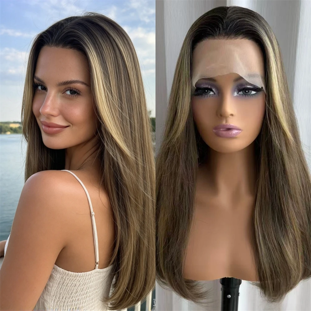 Party Daily Cosplay Ombre Brown with Blonde Streaks Synthetic HD Lace Front Wig Preplucked Hairline Japanese Fiber Futura Hair