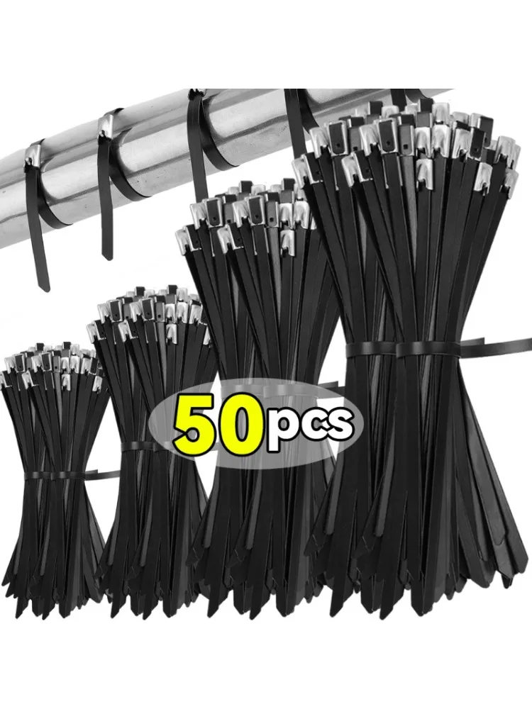 Attaches de câble en acier inoxydable, 10/20/30/50 pièces, sangles de fixation autobloquantes en métal, attaches de fil de câble robustes noires, anneaux d'enveloppe d'échappement