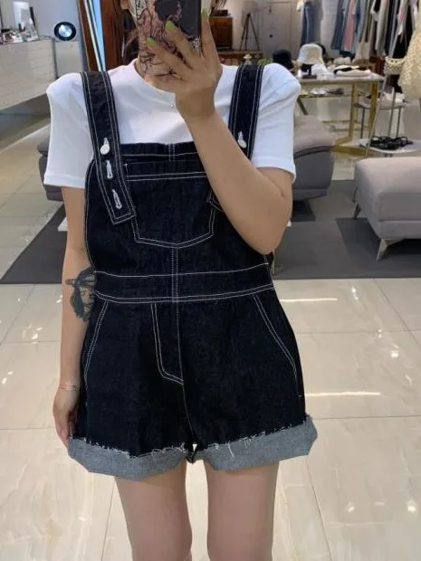 Chic Vintage Summer Square Ne Line Design Adjustable Strap Denim Overalls orts Women's Faion Commute Sle Medium Softn