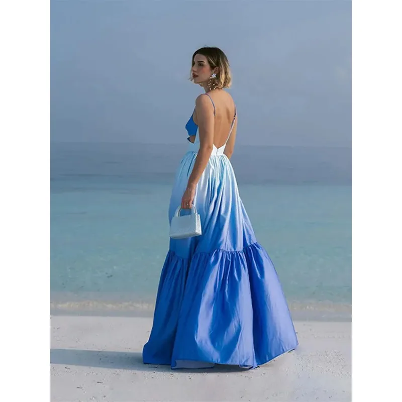 

Gradient Color Hollowed Out Pleated Long Dress For Women Sexy Sleeveless Backless Robe Chic Holiday Ladies Evening Vestidoes