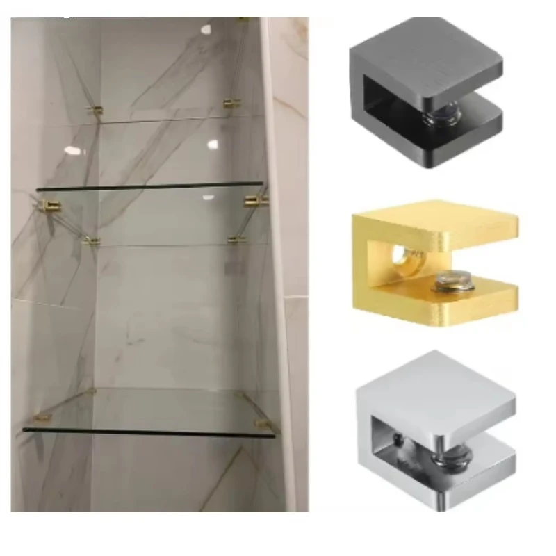 4Pcs Solid Brass Wall Glass Shelf Clip Clamps Shiny Brushed Black Gold