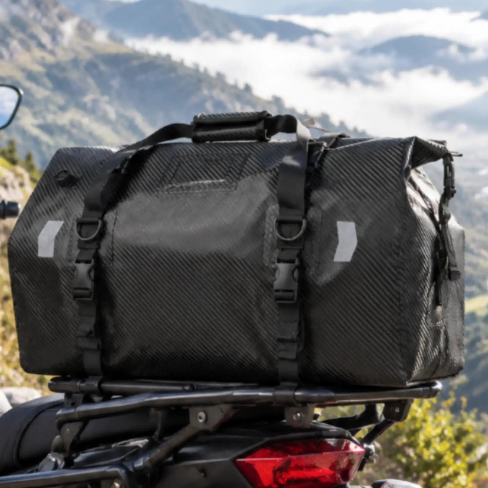 Motorcycle Rear-Seat Bag with Mounting Straps Carbon-Fiber Patterned Waterproof Motorcycle Travel Bag with Shoulder Strap for