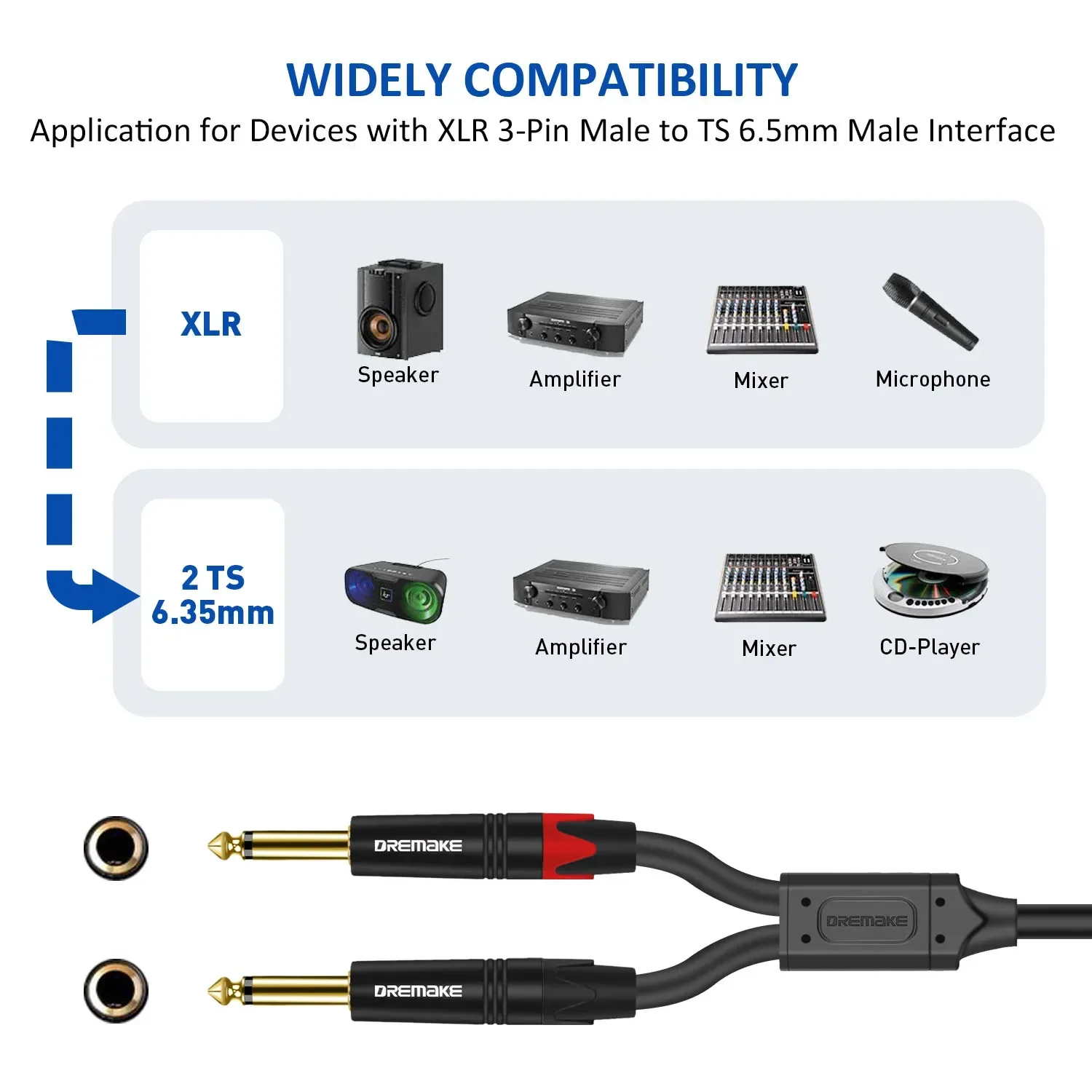 DREMAKE-Cable Adaptador de Audio XLR macho a Dual, accesorio de 3 pines, 6,35, 1/4 pulgadas, TS Mono Mic, XLR a Double, 6,35mm, divisor Y, 1/4 a XLR