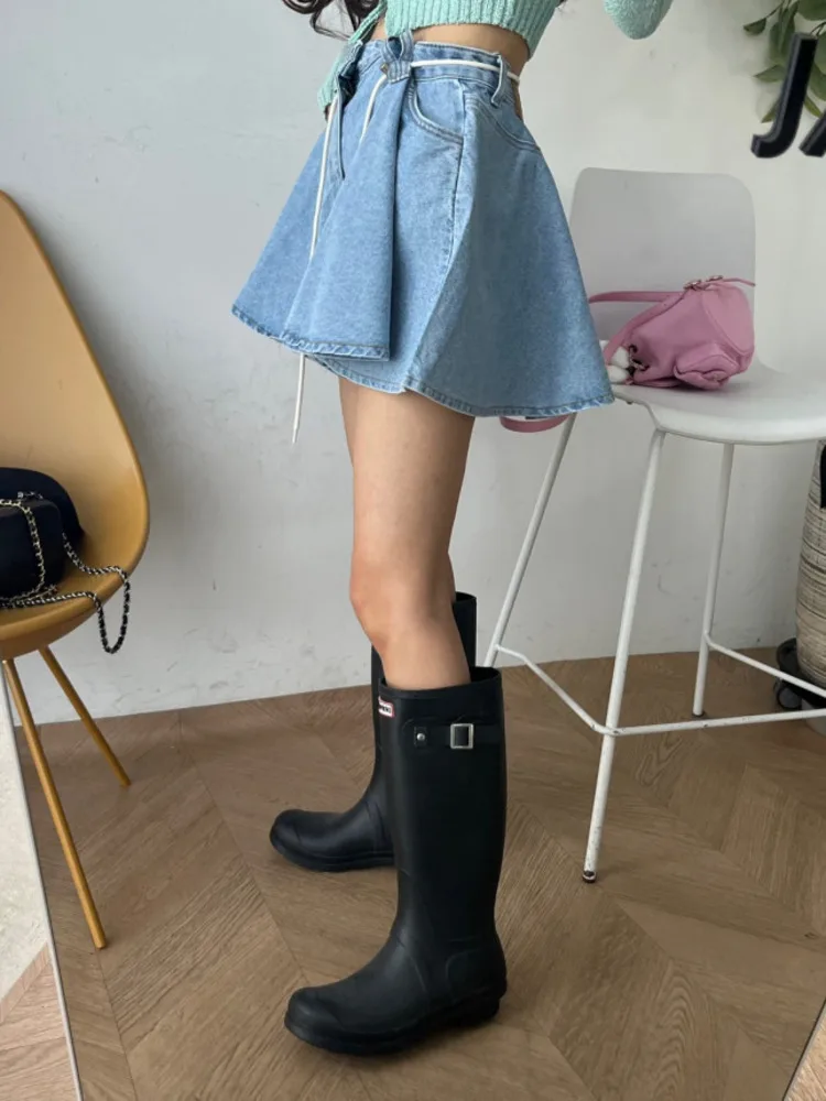 Korean Loose Denim Shorts For Women High Waist Lace Up Pleated Fashion Versatile Female Clothing 2024 Summer New