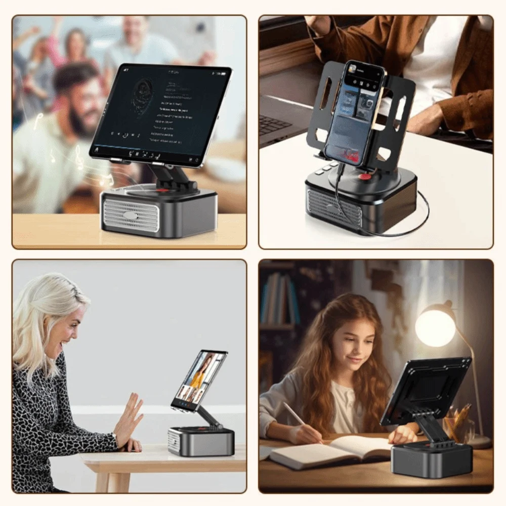 3 in 1 Rotating Tablet Stand Speaker 360 Rotation Anti-Slip Base Wireless Bluetooth Speaker Foldable TWS Bluetooth Speaker