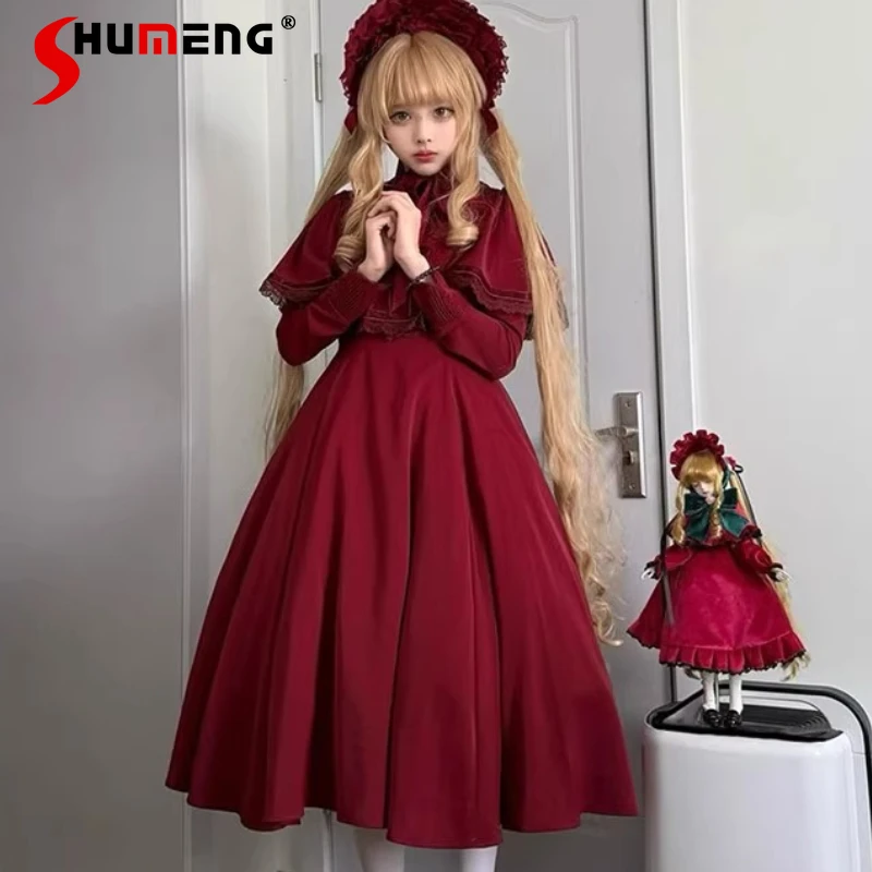 

Autumn Winter Japanese Gothic Elegant Court Style Lady Doll Feel Dresses Heavy Industry Shawl Dress Two Piece Set Kawaii Clothes