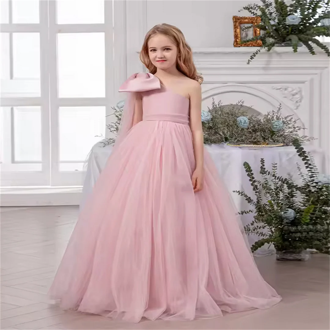Vestidos de fiesta personalizados para niñas, vestido de fiesta de boda, vestidos rosas con lazo grande, vestido de princesa para niñas, vestido ceremonial para niñas