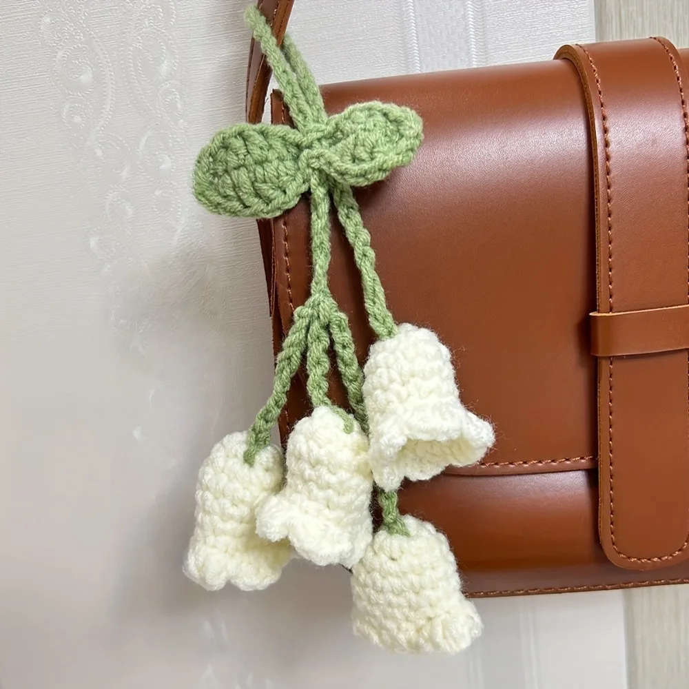 Lily Crochet Keychain Handmade Knitted Flower Bag Charm Boho Pendant for Purse Backpack Car Key Handbag Accessory for Women Girl