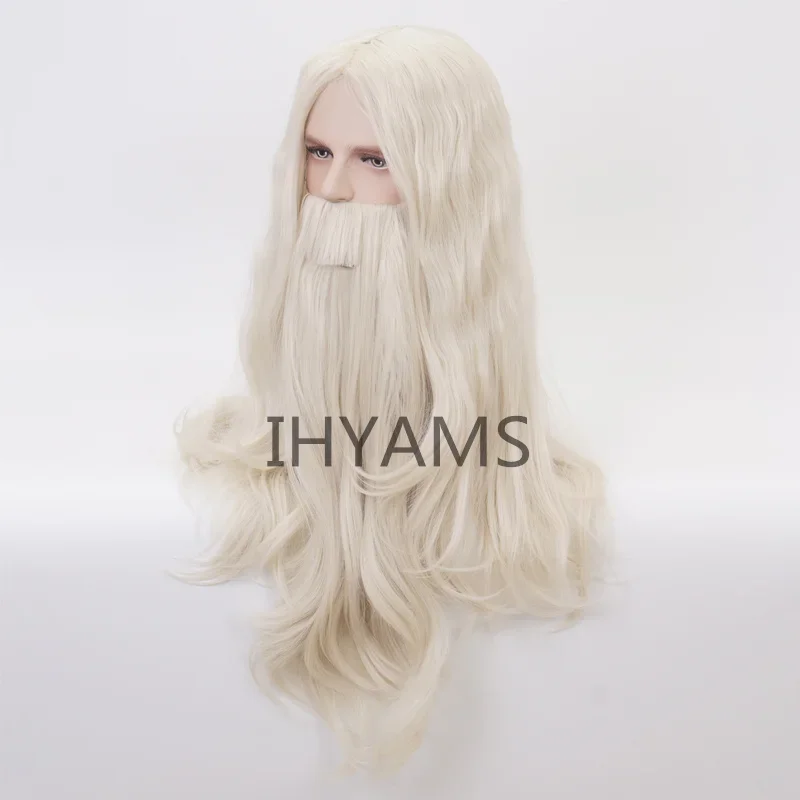 New Dumbledore Wig with beard Gandalf Role Play blonde long Curly Synthetic Hair Halloween Cosplay + wig cap