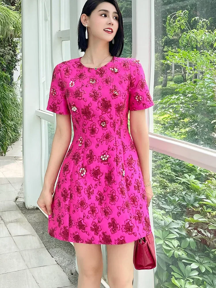 

Women's Embroidered Jacquard Dress with Sequins and Beading, Above Knee, O-Nek, Short Sleeve, Casual Wear, Sweet, Summer