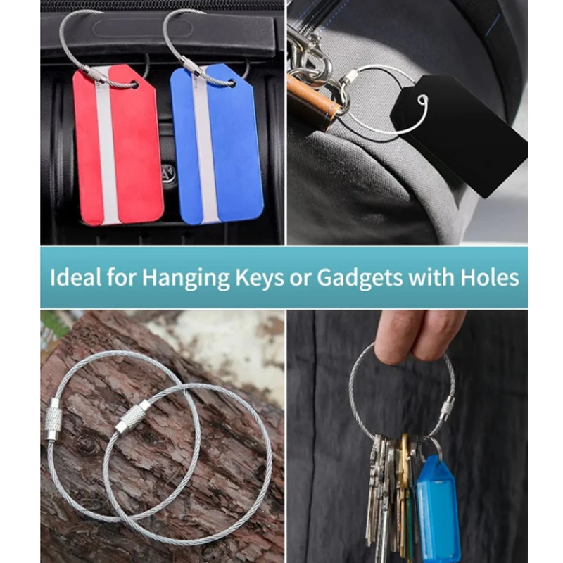 10Pcs Keychain Tag Rope Stainless Steel EDC Wire Cable Loop Screw Lock Gadget Ring Key Keyring Circle Camp Hanging Tool