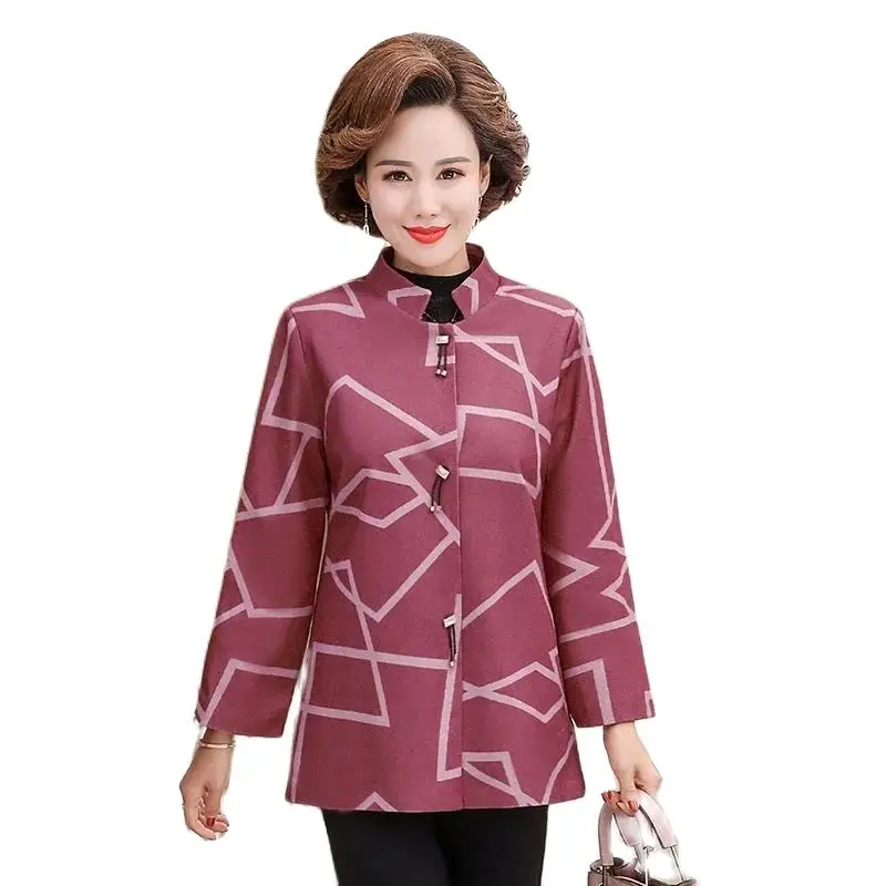 

Women's Trench Coat Middle-Aged Elderly Women Coats 2022 New Spring Autumn Stand Collar Printing Outerwear Tops Female 5XL