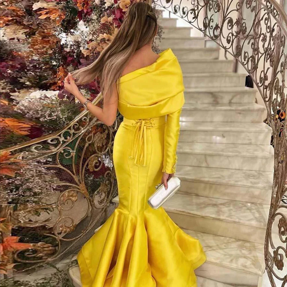 Arabic Yellow One Shoulder Mermaid Evening Dress with Cape Beaded Dubai Luxury Wedding Party Dress For Special Occasion Guest