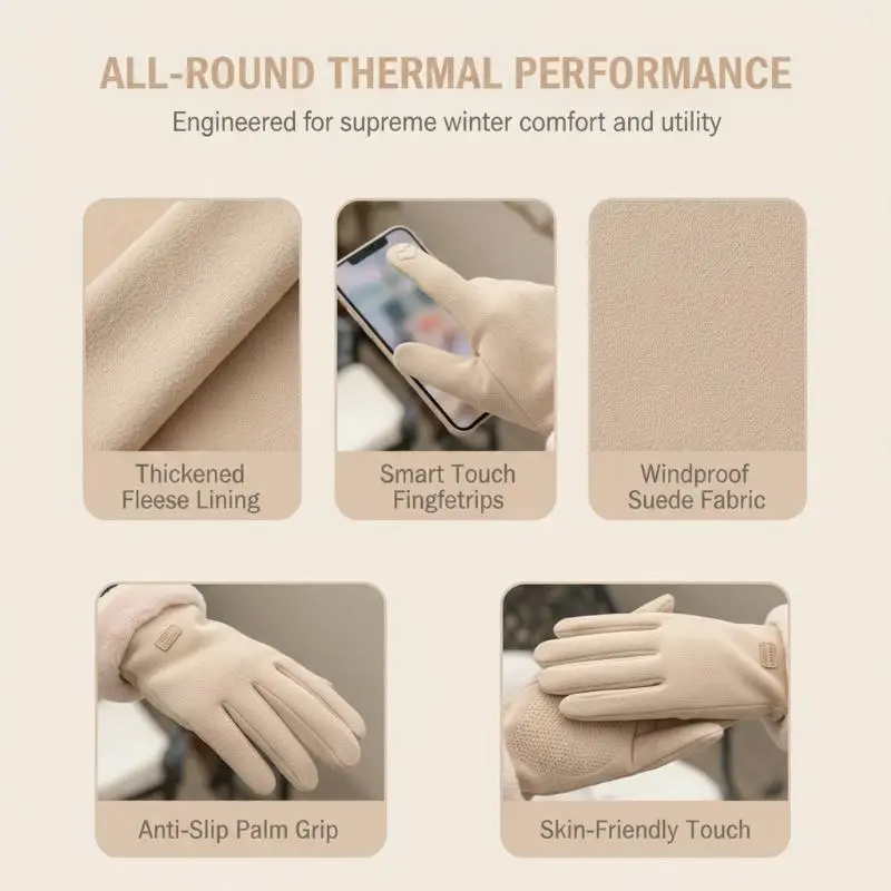 Women Winter Warm Suede Gloves Comfort Fuzzy Cuff Thick Windproof Lined for Hiking Commute Outdoor Sports