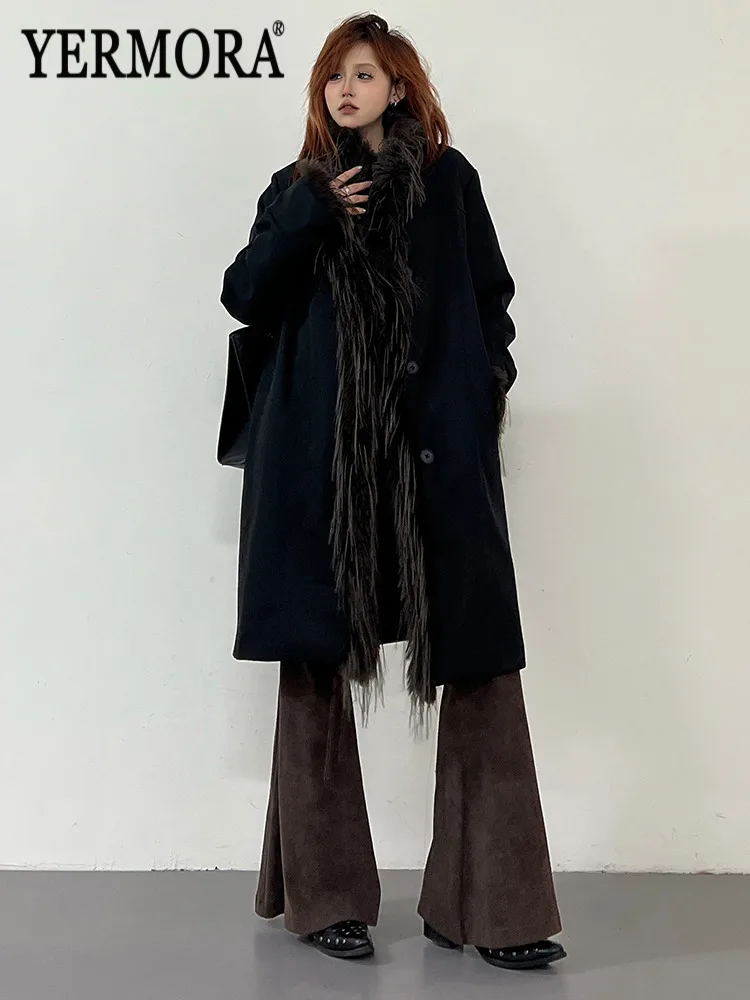 

YERMORA Black Tassel Button Casual Cotton Jacket For Women Lapel Long Sleeve Loose New Parkas Fashion Tide Autumn Winter 2025