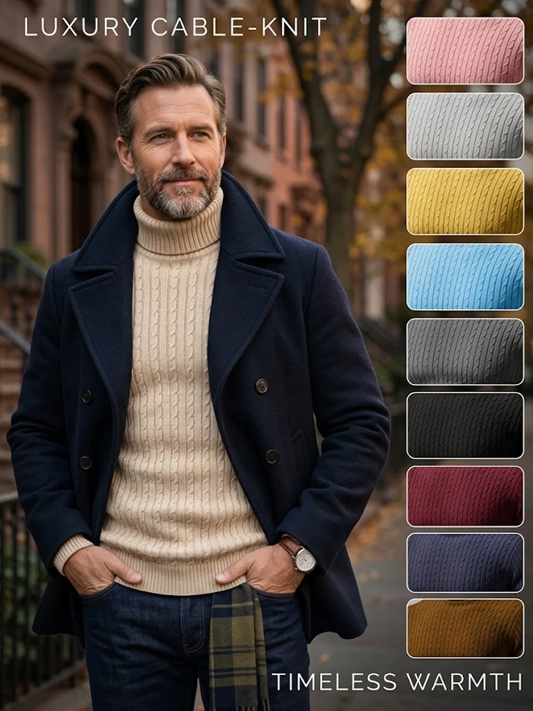 Herren Zopfmuster Rollkragenpullover Warmer Weicher Thermo-Pullover Winter Passform Langarm-Pullover für Kaltes Wetter Strickwaren – Detail 1
