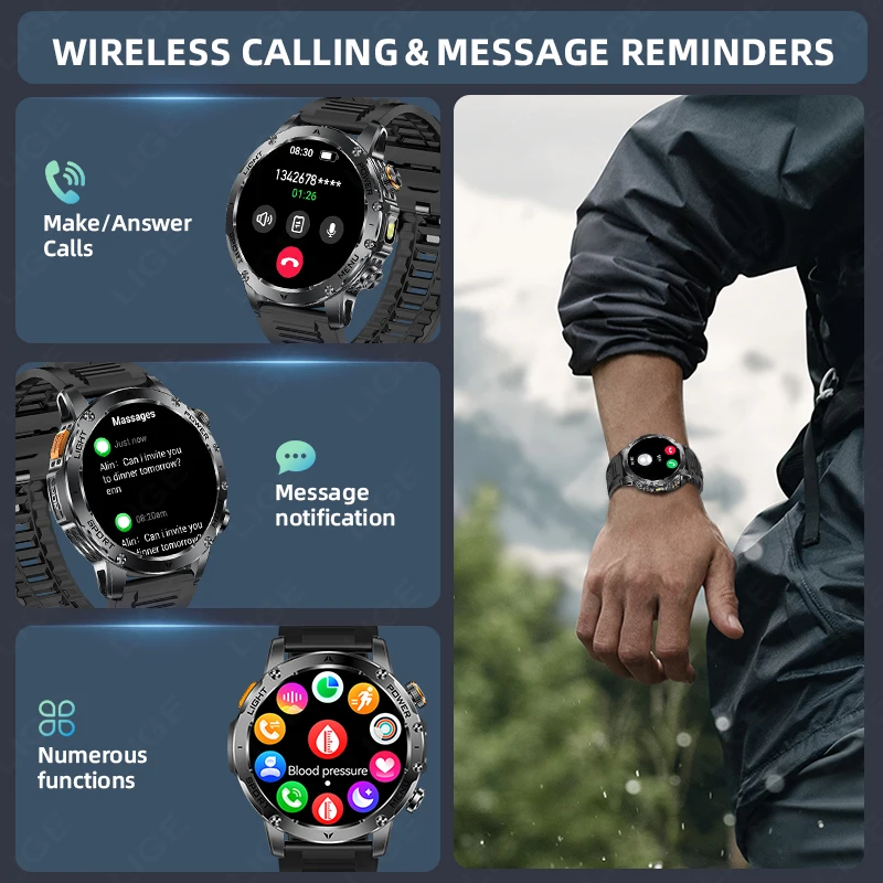 LIGE 1000mAh بطارية فائقة السعة الكبار الرجال ساعة ذكية 1.7 بوصة شاشة كبيرة بلوتوث دعوة IP68 مقاوم للماء SmartWatch الرياضة