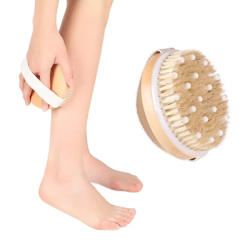 Hog Bristle Bath Brush Massage Back Rub Hand Held Nylon Soft Hair Shower Dry Brush Wooden Round Bath Scrubber