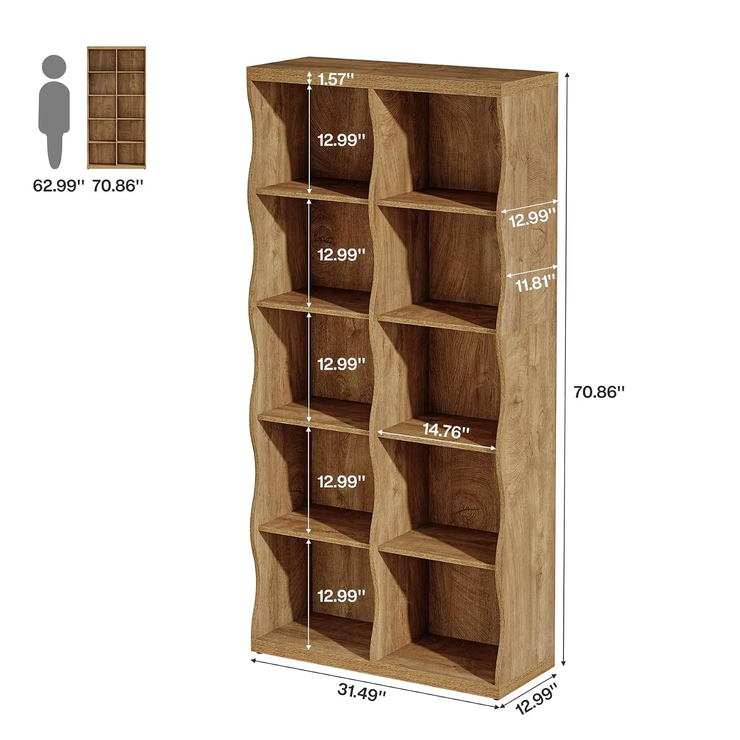 Wooden 10 Cubes Bookcase Set of 2, 5-Tier Bookshelf with Curved-Edge Design, Rustic Display Storage Organizer with Open Shelves