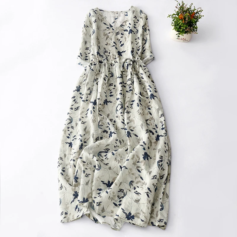 Spring Summer Floral Print Cotton Linen Midi Dress For Women Drawstring Lace-Up Waist A-line Dress Elegant Ladies Casual Dress