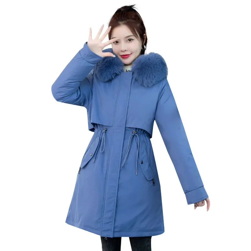 Winter Velvet Jacket Women Mid Long Styles Drawstring Designs Slimming Parkas Warm Big Fur Collar Outwear Casual Snow Wear Coat