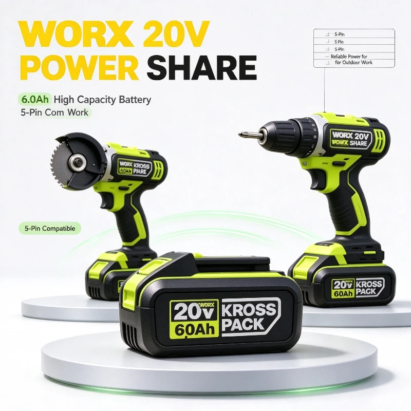 Genuine WORX 20V 4.0Ah 5.0Ah 6.0Ah Lithium Battery,WA3054 WA3055 WA3406,For Brushless Jigsaw, Oscillating Multi-Tool & Inflator