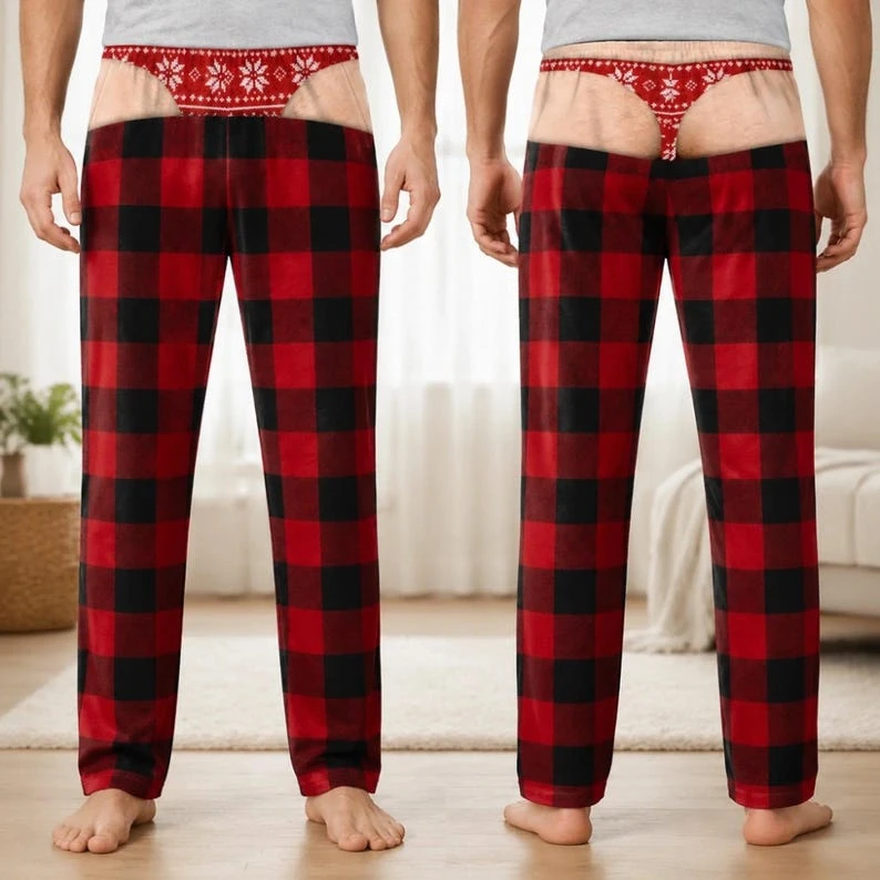 New Men's Fun Fake Hip Hollow Out Christmas Light Printed Neutral Straight Leg Pants, Christmas Party Holiday Casual Pants