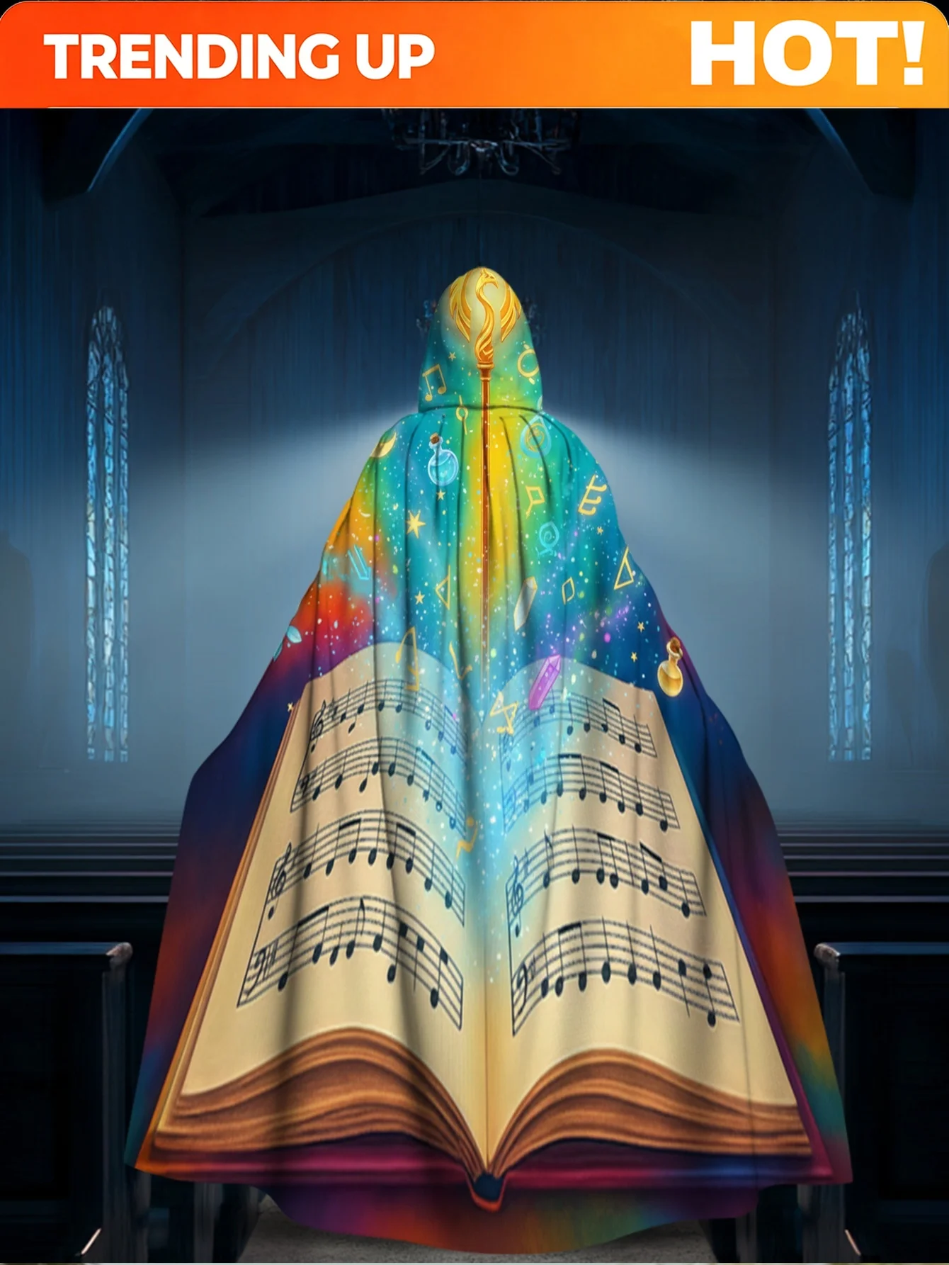 Customization 1pc Of 2D Flat Printed Elegant Hooded Cape, A Magical Musical Book Made Of 100%, Ideal For Family Gatherings And P