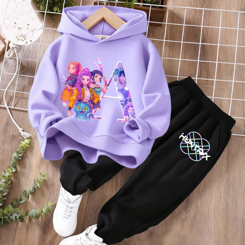 Conjunto de Moletom KPop Demon Hunters Anime Huntrix com Design de Alfabeto, Moletom com Capuz e Calças para Meninas, Conjunto de Moda para Crianças