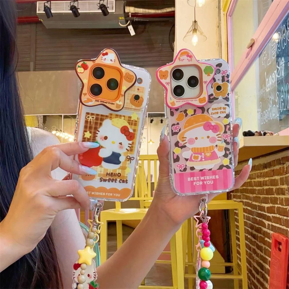 

Fashion Plaid Hellokitty Korean INS Cute Phone Case For iPhone 17 Pro Max 15 14 13 16 Pro Cover With Chain Leopard Stars Fundas