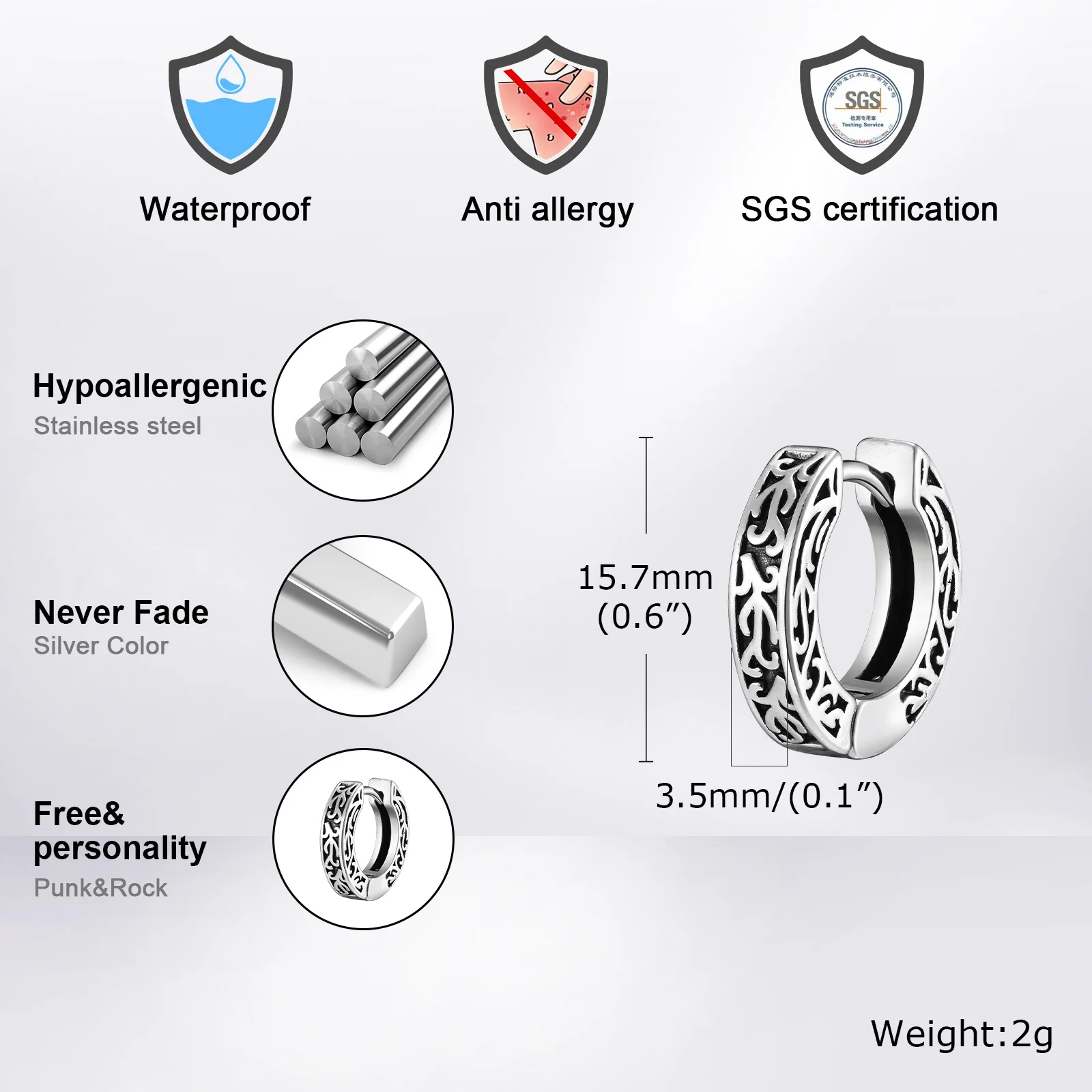 Vnox Thick Small Hoop Earrings for Men Teens, Anit Allergy Stainless Steel Huggies Earrings, Unisex Punk Rock Ear Jewerly