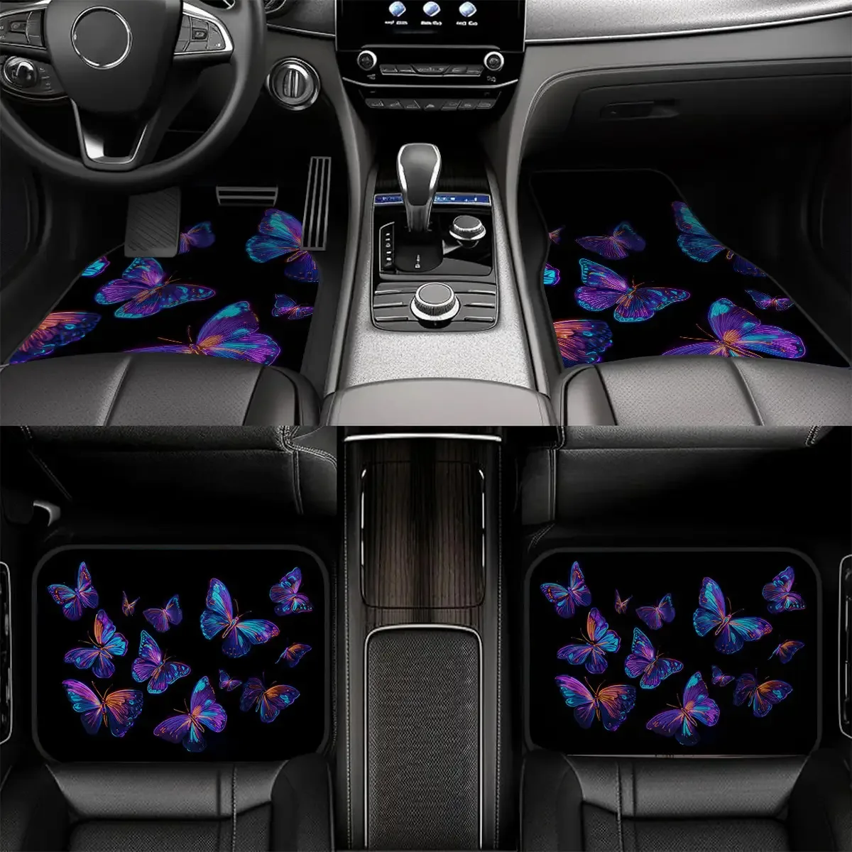 4pcs Car Floor Mats- Purple Butterfly Flying Pattern Car Floor Mats, All-Weather Use, Suitable For Cars, Trucks, SUVs- Easy To C