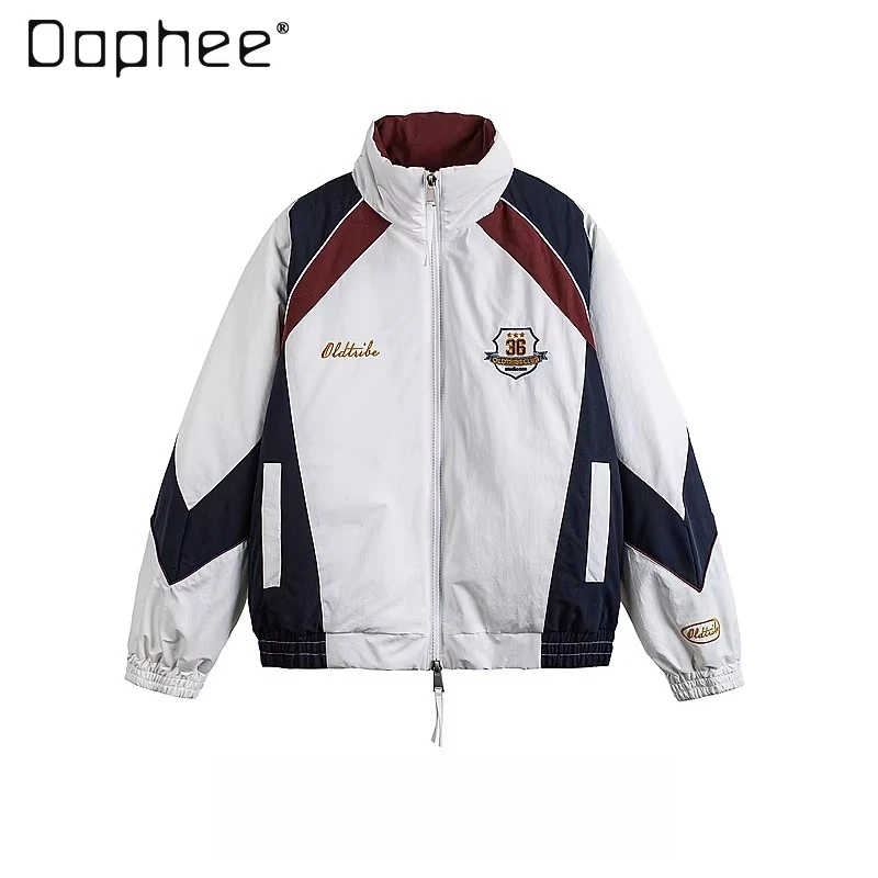 

Autumn Winter American Street Sports Style Men's Loose Casual Letter-print Black and White Patchwork Stand-collar Cotton Jacket