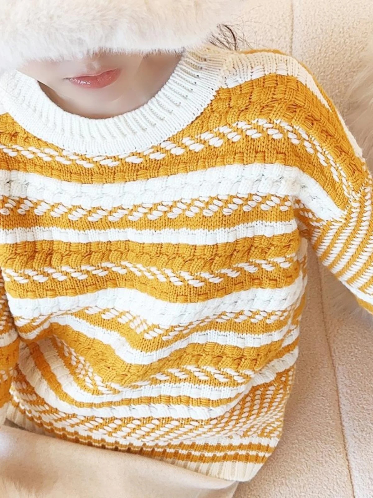 

e Soft Lemon Yellow And Cr Striped Sweater Playful Color Knitted Long Sve round Ne Regular Fit Women's Faion