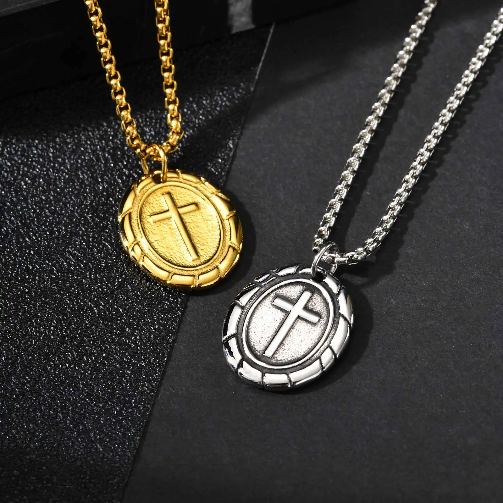 

Vnox Oval Double Sided Cross Pendant Necklace for Men, Stainless Steel Gold Silver Color Chain Necklace Religious Faith Collar
