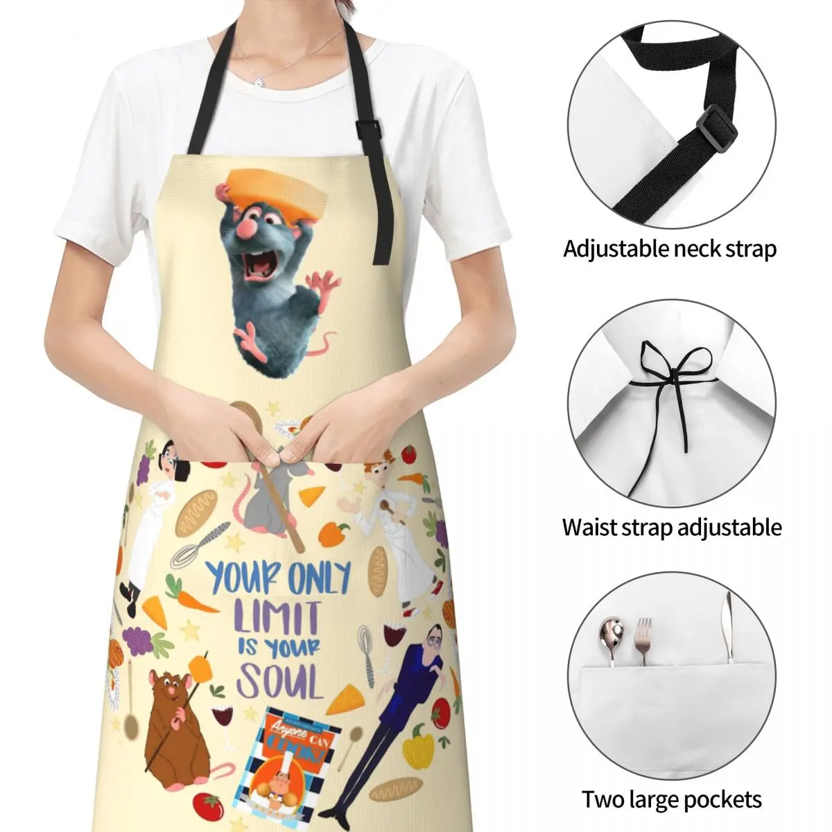 Cartoon  Ratatouille Chef Apron Merch Cooking BBQ Grilling Remy Aprons Adjustable Tie with 2 Pockets Water & Oil Resistant