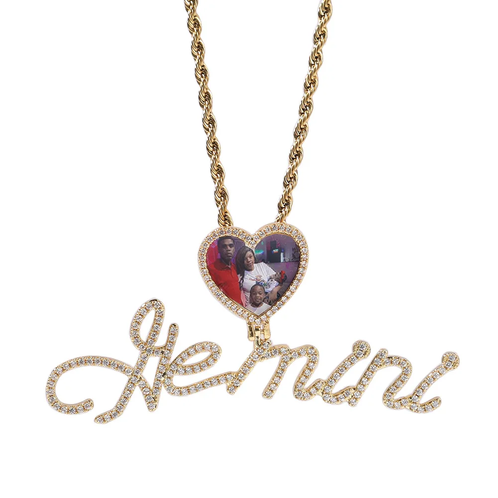 Duoying Custom Photo Hiphop Fashion Family Picture Necklace Heart Zirconia Cursive Writing Name Necklace