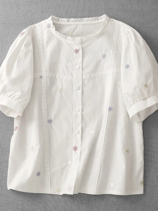 

Korean Sle Pure Cotton ort Sve Embroidered irt Loose Casual Women's plus Size Floral Collar Blouse Daily Wear