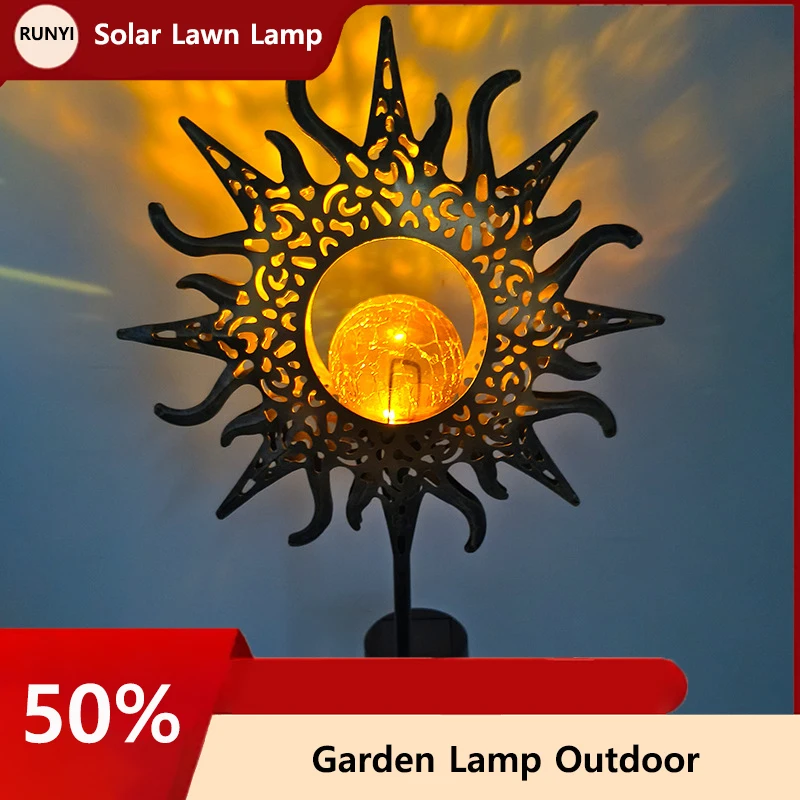 Solar Lawn Lamp Iron Moon Cracked Glass Lamp Ground Lamp Garden Lamp Outdoor Patio Decorative Lights