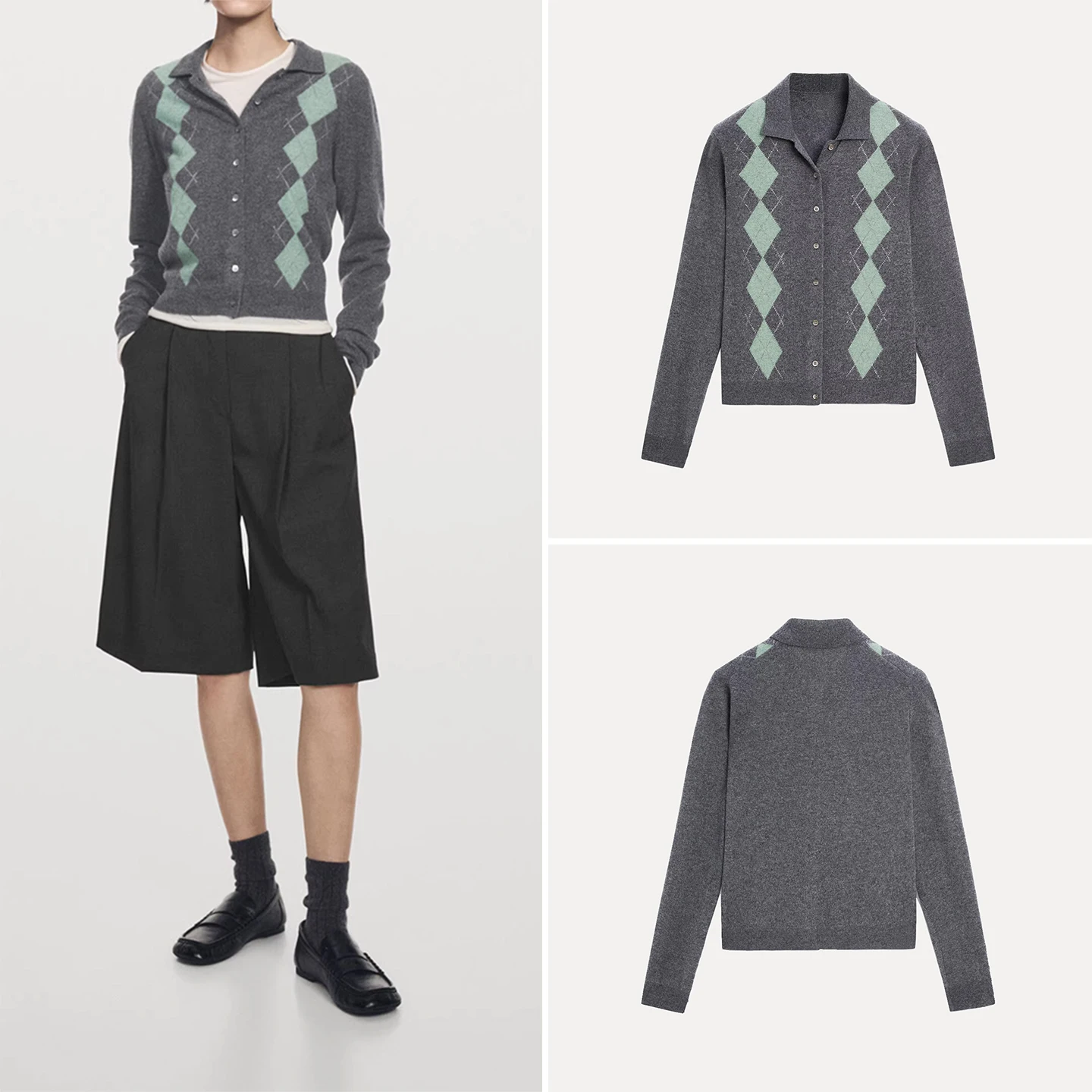 

2025 Winter New Women's Faion Versatile Color Blo Diamond Pattern Knitted Sweater Long Sve Regular Length Button Closure