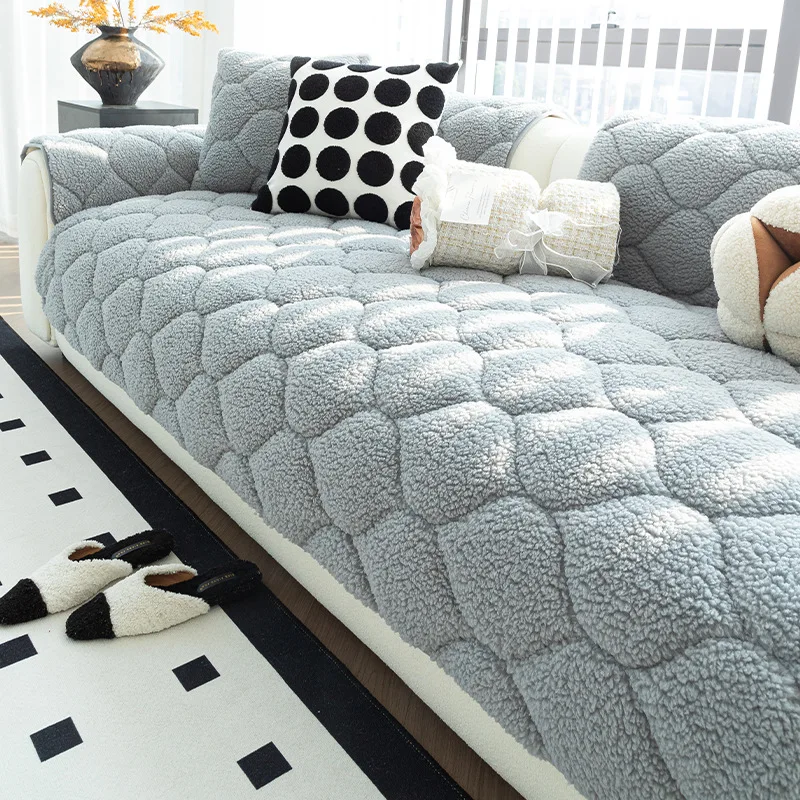 Plush Cotton Sofa Cushion Thickened Winter-Warm Sofa Cover Straight-Seam Anti-Slip Leather Sofa Slipcover