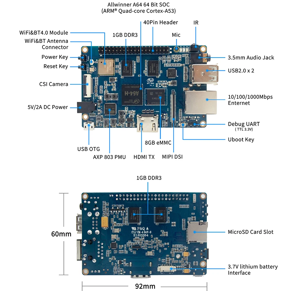 Imagem -06 - Smartfly Banana pi Bpi-m64 Quad-core 64 Bits Sbc com Allwinner A64 1.2 Ghz Quad-core Arm Cortex A53 Android e Linux Placa de Demonstração