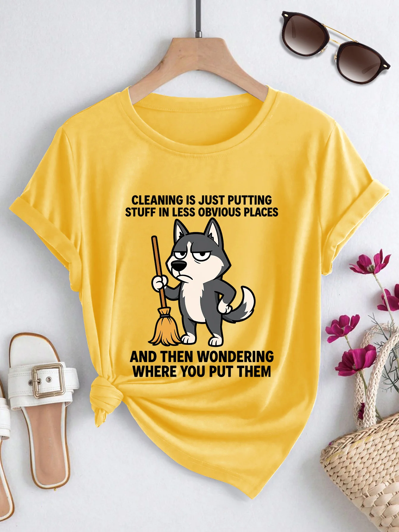 Cleaning Is Just Putting Stuff Fun Husky Print Spring/summer/autumn Round Neck Tshirt Fashion Casual Commuting Vacation T-shirt