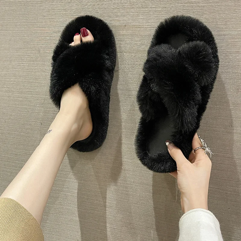Cross Straps Fluffy Fur Slippers for Women Autumn Winter Flat Home Cotton Slippers Woman Comfort Non Slip Indoor Floor Slides