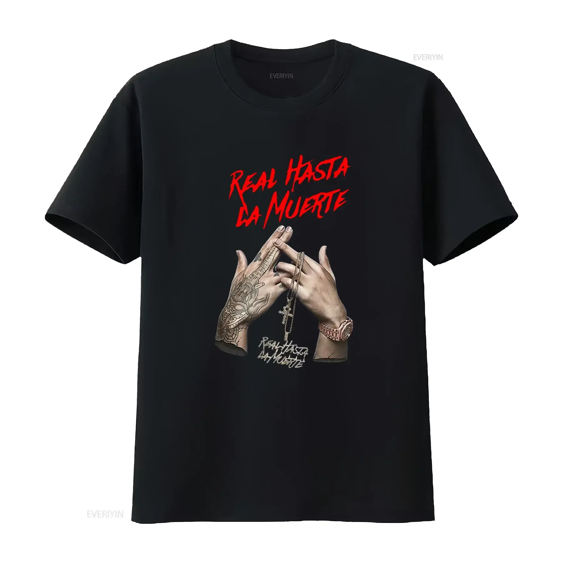 Rare Anuel AA Real Hasta La Muerte T Shirt Fashion Black with Tattoo Hands and Cross Necklace Design Size S 4XL vintage Washed
