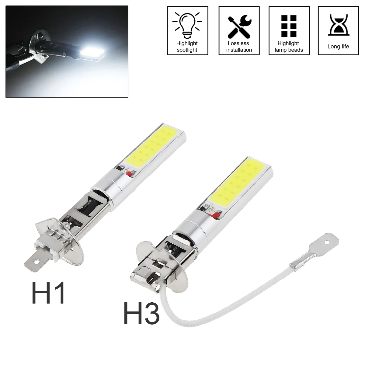 H1 H3 หลอดไฟ LED รถหมอกไฟ CANbus Super Bright ไฟหน้าหลอดไฟ COB 12V 6000K ไฟวิ่ง Auto รถจักรยานยนต์