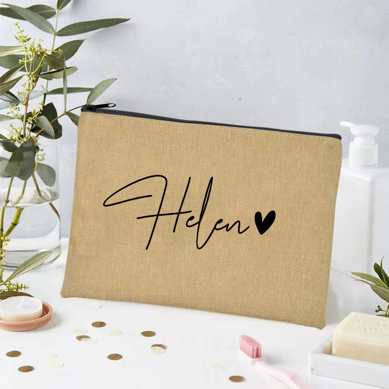 Personalized Custom Name Cosmetic Bag Cute Heart Portable Canvas Travel Clutch Teacher Friends Bridesmaid Gifts Makeup Bag