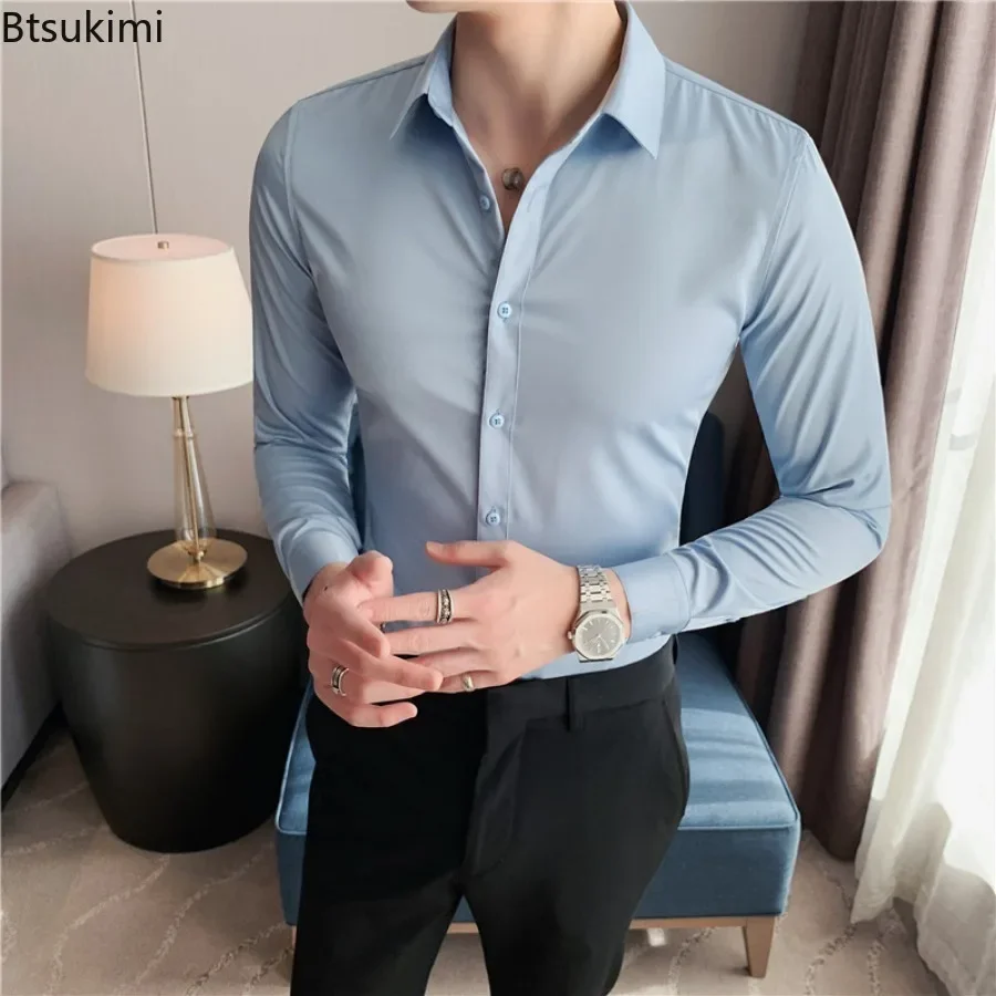2025 Men's Formal Office Business Dress Shirts Solid Slim Evening Party Shirts for Men Oversized Long Sleeve Streetwear Shirts