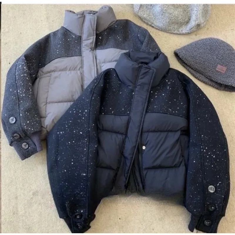 Women's Autumn Winter Cotton Jacket Tops Splicing Sequins Warm Short High Waist Niche Comfortable Leisure Soft Brand Fashion