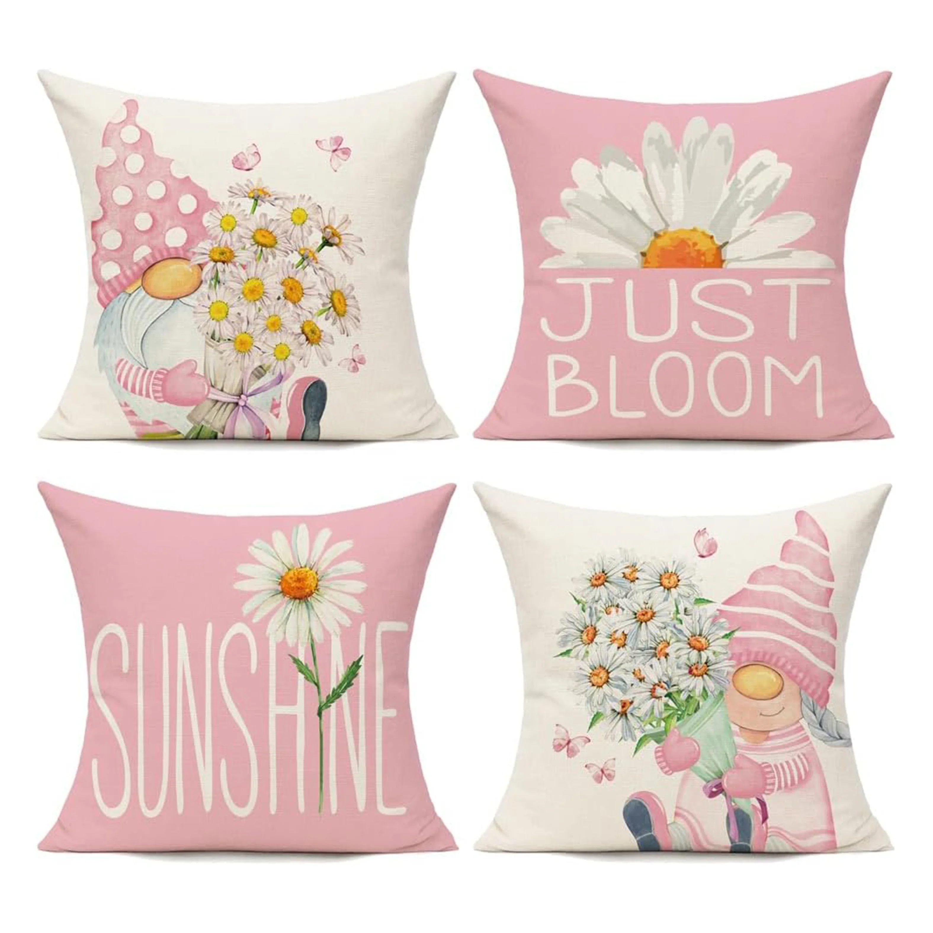 4Pcs Farmhouse Pillow Covers, Pink Gnome & Daisy Print Cushion Cases for Home Sofa Bedroom Decor (No Insert)